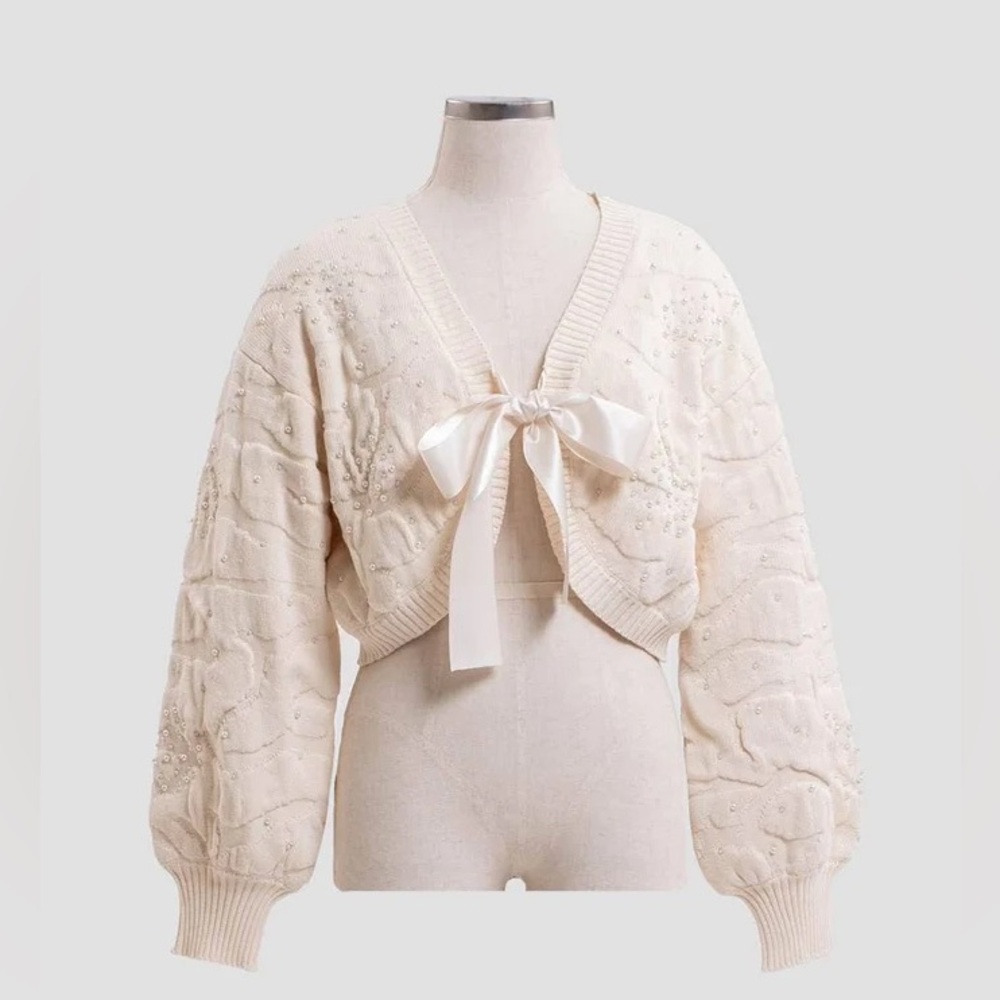 Moon River Jacquard Pearl  Cream Knit Cardigan with Bow
